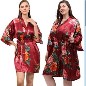 QXQTER  Floral Satin Kimono Robe - Red